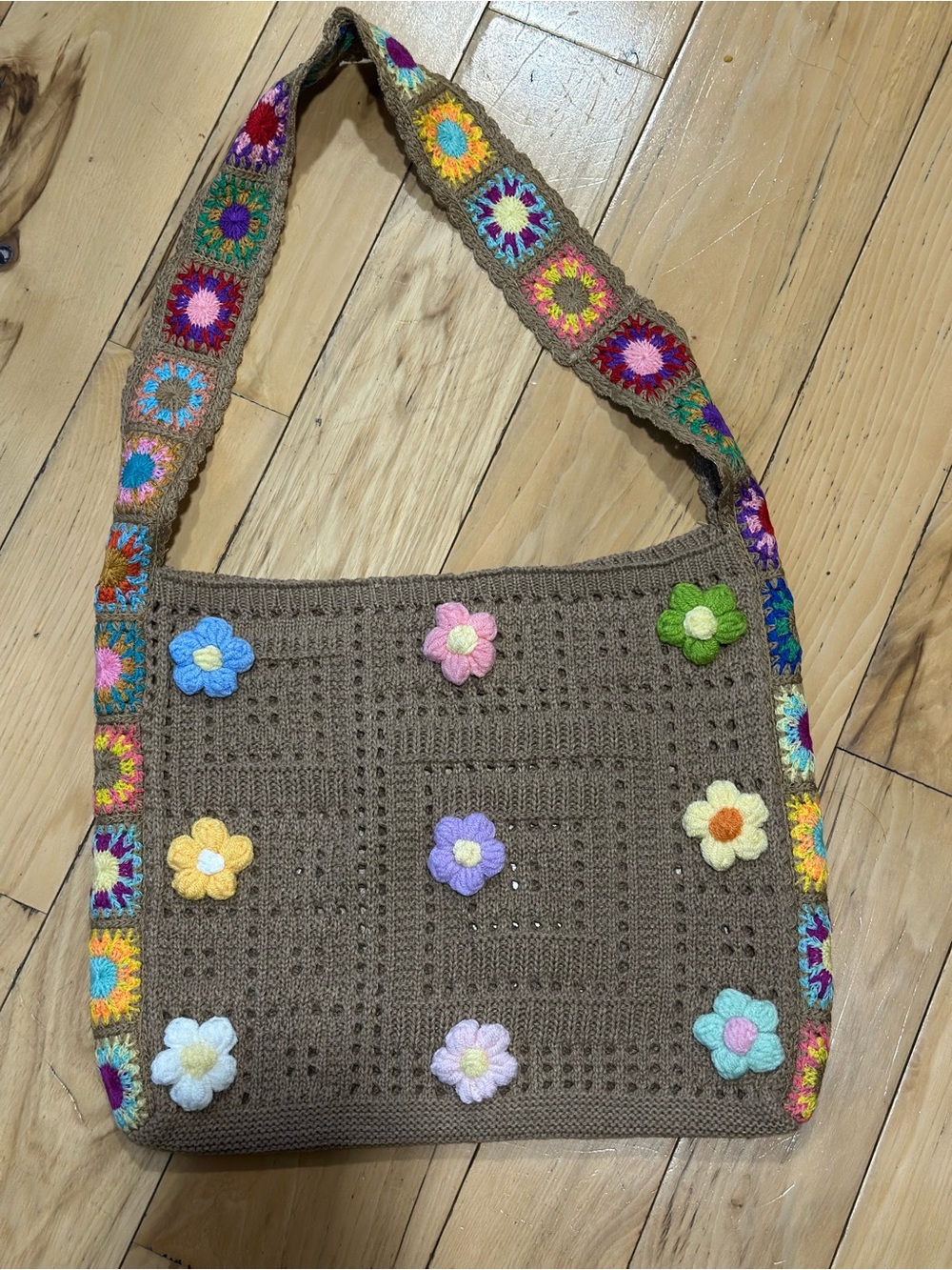 Crochet Flower Shoulder Bag in Brown with Multicolor Accents